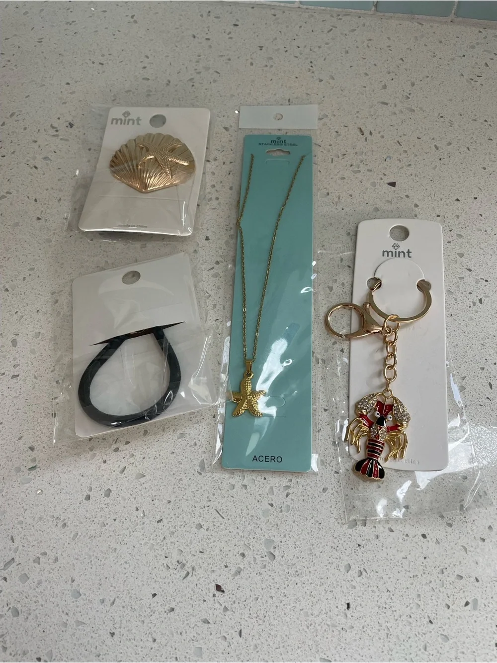 Mint Gold Seashell hair ties, Starfish Necklace & Lobster Key Holder/bag charm